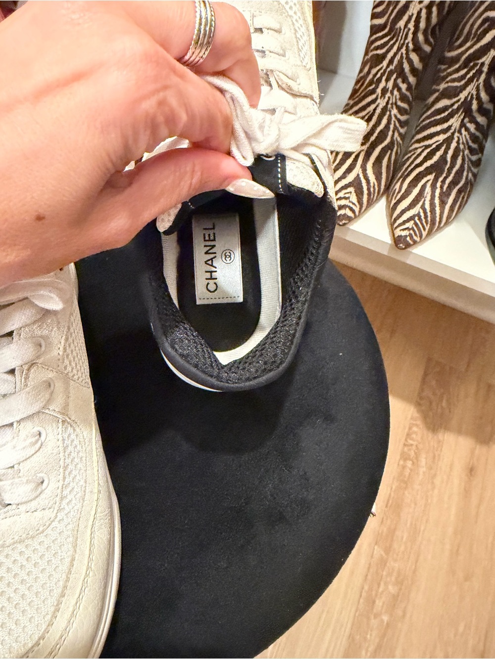 CHANEL Cream & Black Leather Chanel CC Logo Sneakers - Picture 11 of 14